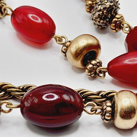 Chico’s Red Glass Beaded Necklace 38” Two Strand Gold Tone Accents Statement - Picture 8 of 11